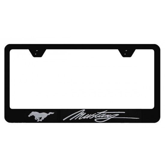 Black Metal License Plate Frame with Mustang +  Pony logo